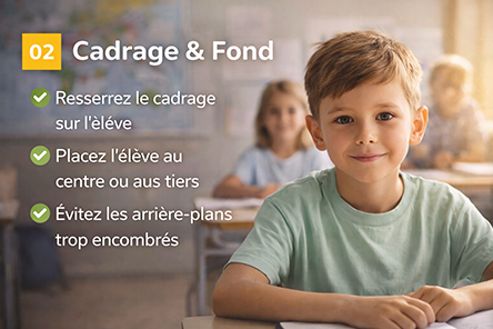 Photographe s'accroupissant pour photographier un élève devant un fond uni